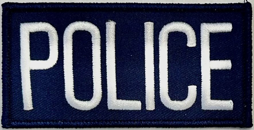 POLICE ID PATCH - 4"W X 2"T - WHITE ON NAVY- VELCRO.